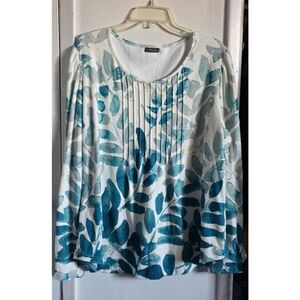 OFEEFAN Teal and White Leaf Print Women's Blouse